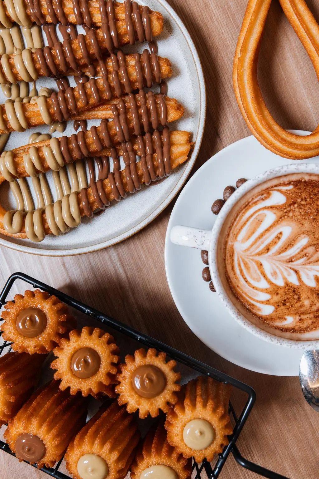 Plato de churros con líneas de chocolate con leche y crema de pistacho en Crazy Churros